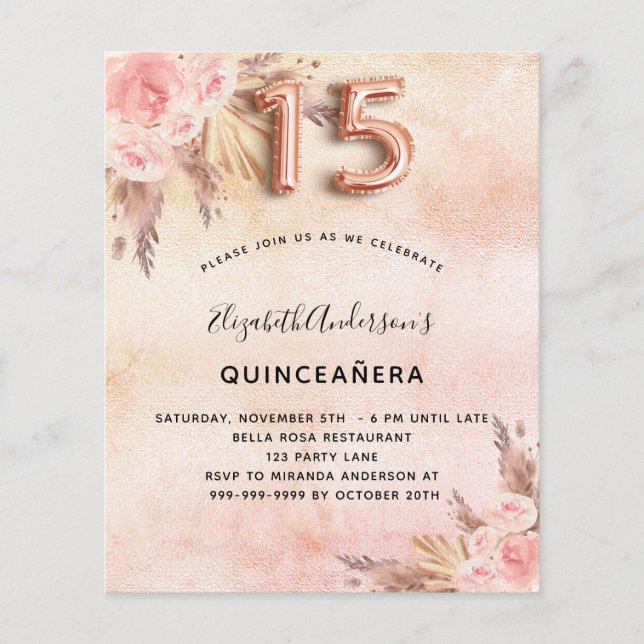 Flyer Quinceanera pampas rosa do orçamento (Frente)