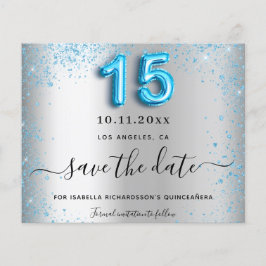 Flyer Quinceanera prata azul orçamento economizar data d