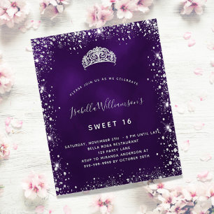Flyer Quinceanera, prata púrpura tiara convite orçamenta