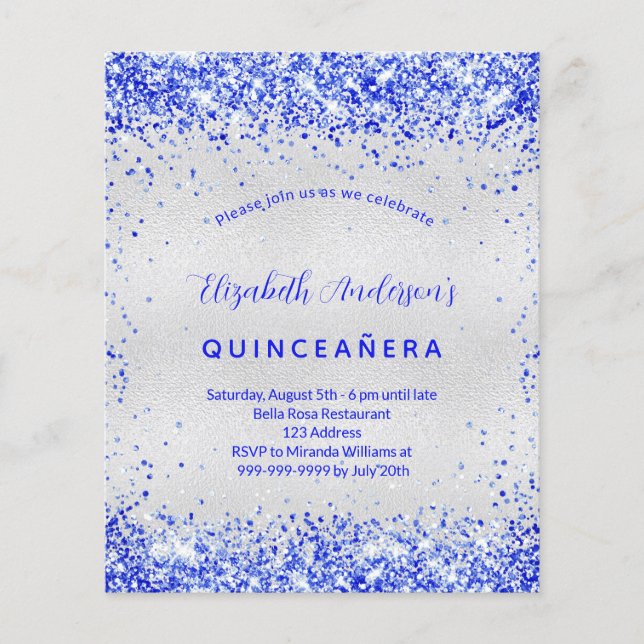 Flyer Quinceanera prateada - convite orçamental azul rea (Frente)