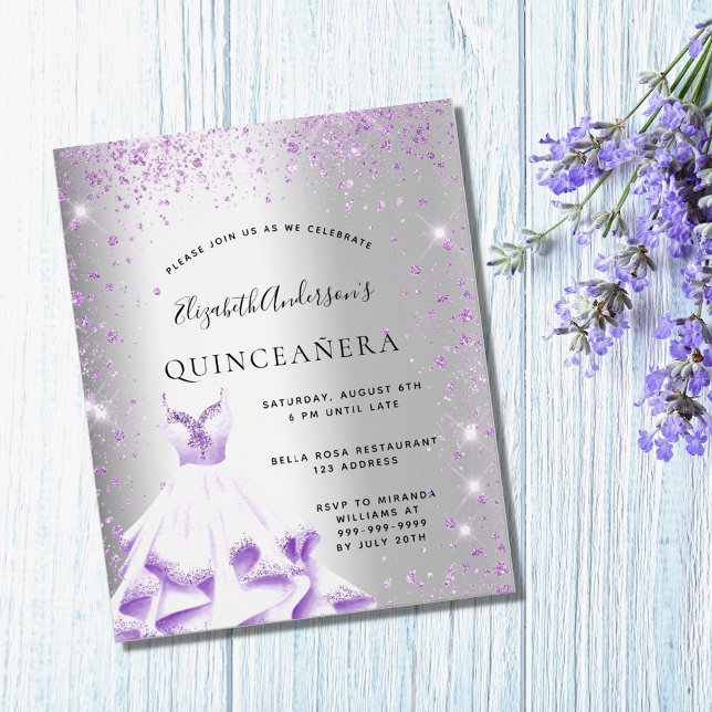 Flyer Quinceanera prateada, prata, convite para o orçame (Criador carregado)