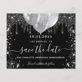 Flyer Quinceanera preto prata orçamento economizar data 