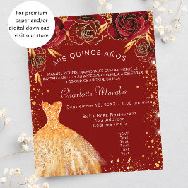Flyer Quinceanera red gold dress rosa convite