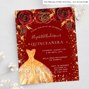 Flyer Quinceanera red gold glitter vestido orçamento flo