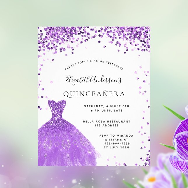 Flyer Quinceanera violet White dress orçamento (Criador carregado)
