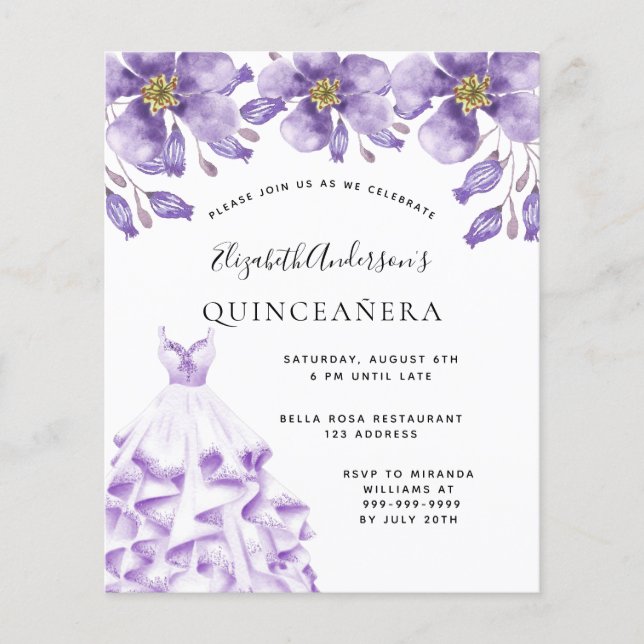 Flyer Quinceanera violet white dress orçamento floral (Frente)