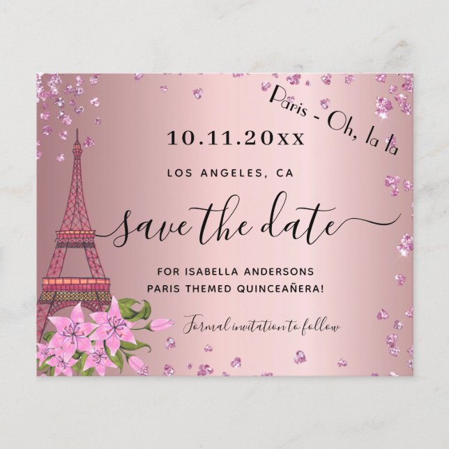 Flyer Quinze anos rosa paris orçamento economizar data d (Frente)