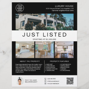 Flyer Real Estate House for Sale Logo Photo QR Black
