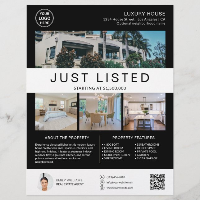 Flyer Real Estate House for Sale Logo Photo QR Black (Frente)