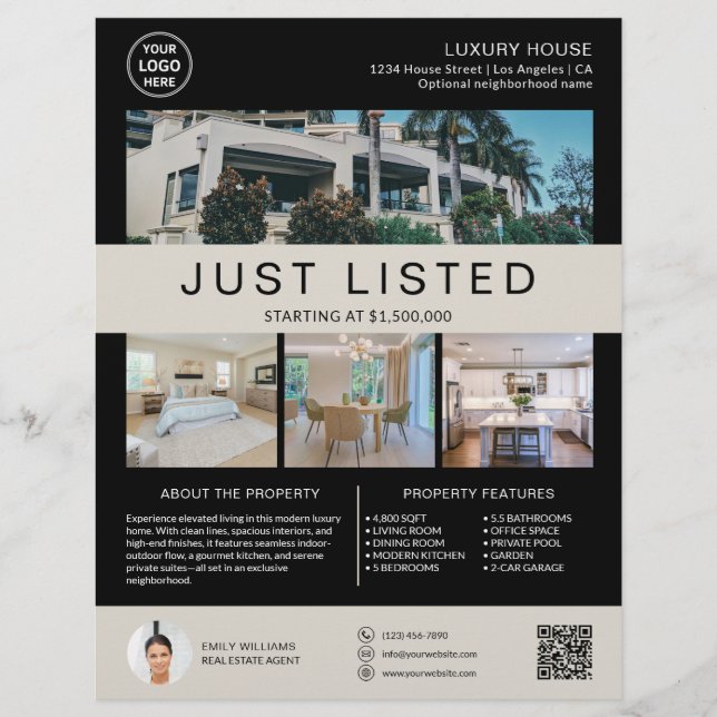 Flyer Real Estate House for Sale Logo Photo QR Black (Frente)