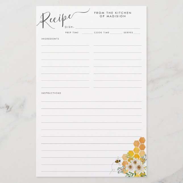 Flyer Receita da Cozinha Bumblebee de Honeycomb Floral (Frente)