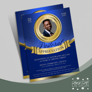 Flyer Reconhecimento de Apreciação Pastoral Azul e Doura