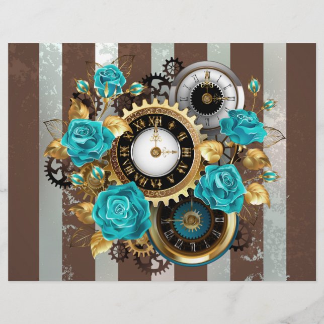 Flyer Relógio Steampunk e Rosas Turquesa em Listras (Frente)