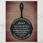 Flyer Restaurante Reabrindo Madeira Skillet<br><div class="desc">Texto branco sobre ilustração da habilidade em ferro sobre um fundo de madeira rústica.</div>