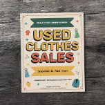 Flyer Retro-Style - Used Clothes Sales<br><div class="desc">A retro-style promotional flyer for a used clothing sale featuring bold retro typography,  colorful design elements,  hangers,  stars and illustrated clothing items like floral dress,  shirts,  hangers and jacket in vintage pastel colors.</div>