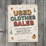 Flyer Retro Typography - Used Clothes Sales<br><div class="desc">A vintage-inspired advertising flyer for a used clothes sales featuring bold retro typography,  colorful graphic elements and illustrated clothing items like floral dress,  shirts,  and jacket in warm tones.</div>