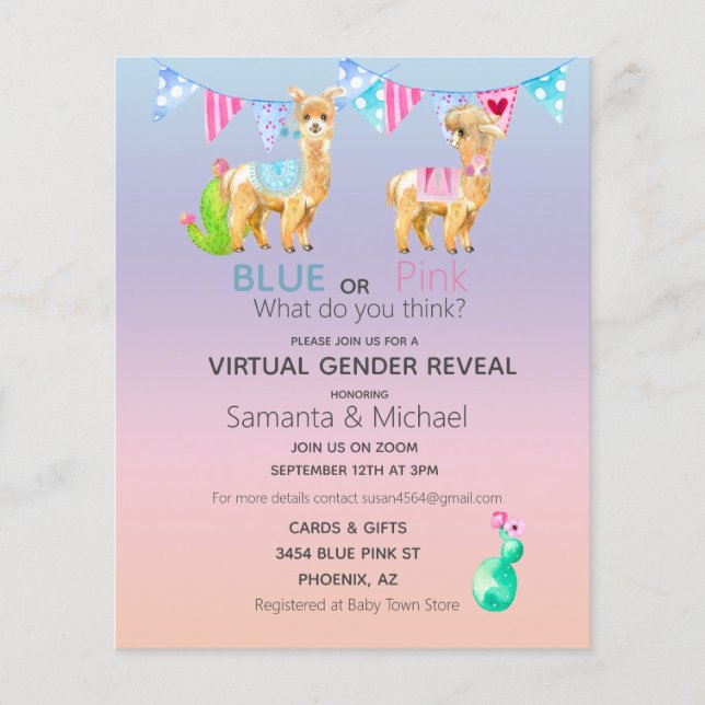 Flyer Revelação de Gênero Virtual Pink Blue Llama Aquare (Frente)