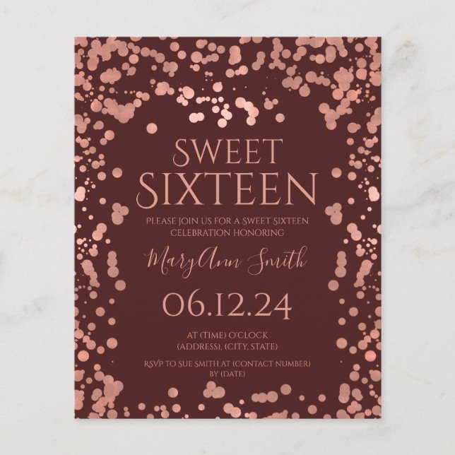 Flyer Rosa de Orçamento Folha de Ouro Confetti Sweet 16º (Frente)
