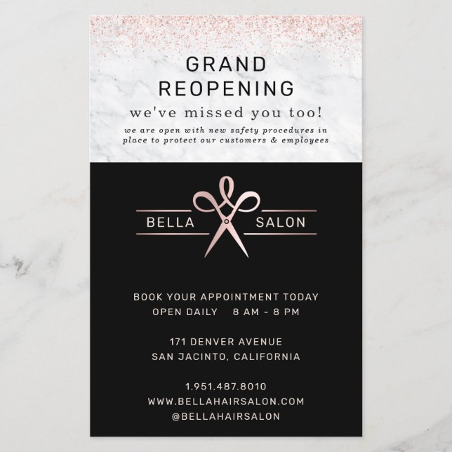 Flyer Rosa Dourado Cabelo Salão Grande Reabrindo Seguran (Frente)