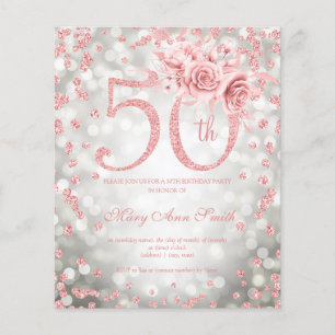 Flyer Rosa Dourado Floral 50ª Luz de Aniversário Convide
