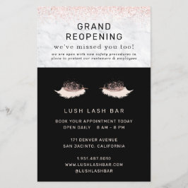 Flyer Rosa Dourado Lash Salon Grand Reabrindo Segurança