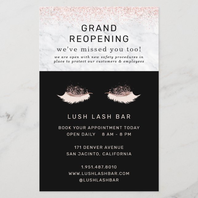 Flyer Rosa Dourado Lash Salon Grand Reabrindo Segurança  (Frente)