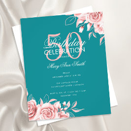 Flyer Rosa Floral de Festa de aniversário Dourada e Teal