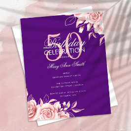 Flyer Rosa Floral de Festa de aniversário Oral Dourado e