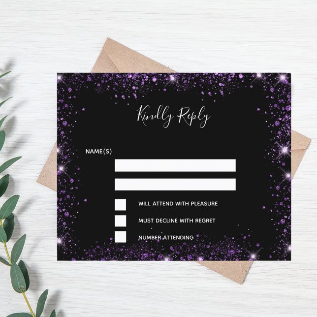 Flyer RSVP de casamento elegante com brilho roxo preto (Criador carregado)