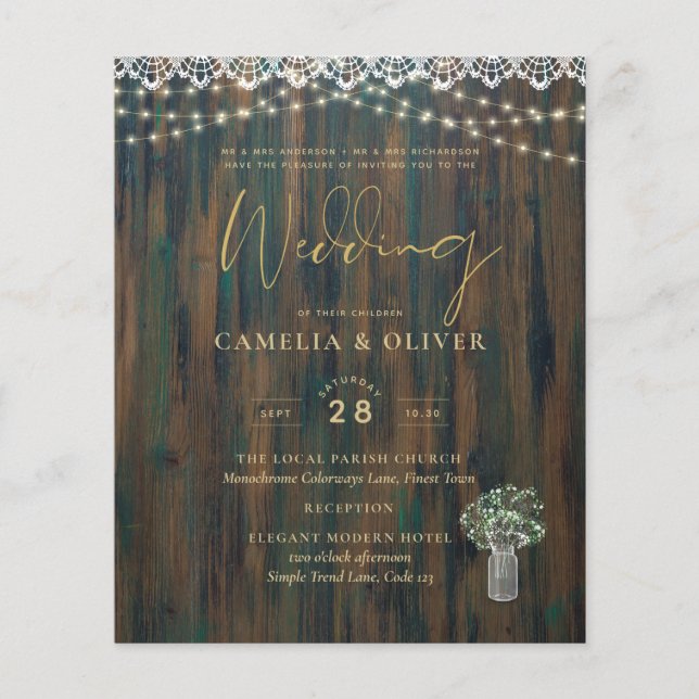 Flyer Rustic Lace Gypsophila Luzes Mason Jar Weding (Frente)