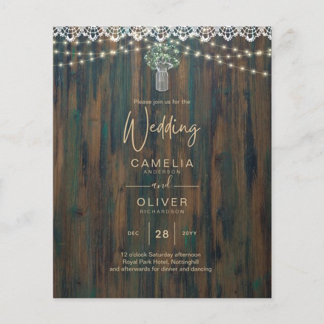 Flyer Rustic Lace Gypsophila Luzes Mason Jar Weding (Frente)