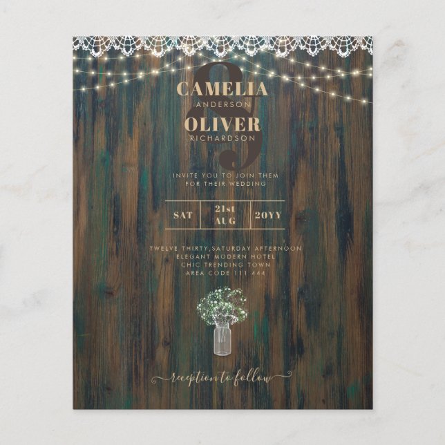 Flyer Rustic Lace Gypsophila Luzes Mason Jar Weding (Frente)