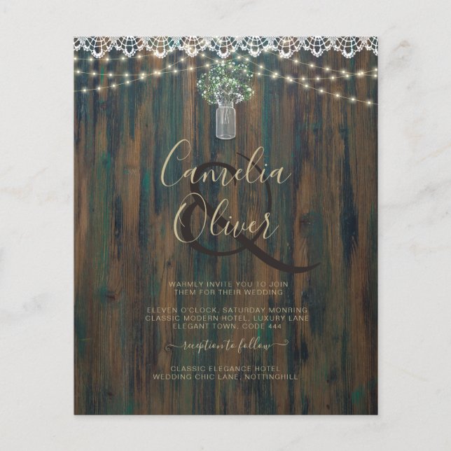 Flyer Rustic Lace Gypsophila Luzes Mason Jar Weding (Frente)