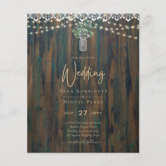Flyer Rustic Lace Gypsophila Luzes Mason Jar Weding (Frente)