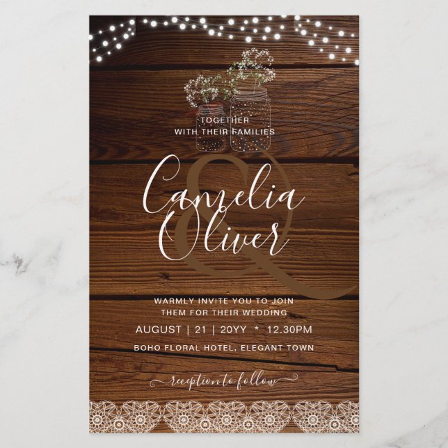 Flyer Rustic Lace Mason Jar Lights Gypsophila Casamento (Frente)