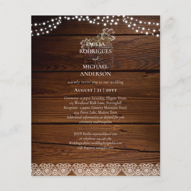 Flyer Rustic Lace Mason Jar Lights Gypsophila Casamento (Frente)