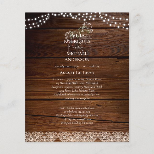 Flyer Rustic Lace Mason Jar Lights Gypsophila Casamento (Frente)