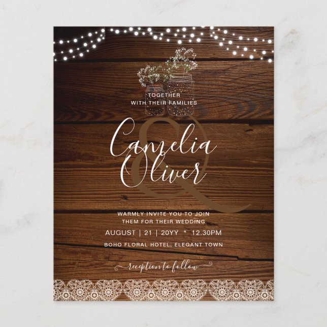 Flyer Rustic Lace Mason Jar Lights Gypsophila Casamento (Frente)