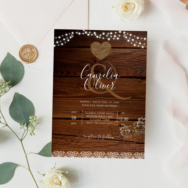 Flyer Rustic Mason Jars Lights Lace Gypsophilia WEDDING (Criador carregado)