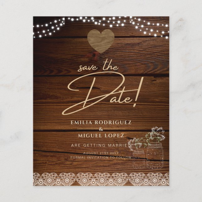 Flyer Rustic Mason Jars Lights Lace Gypsophilia WEDDING (Frente)