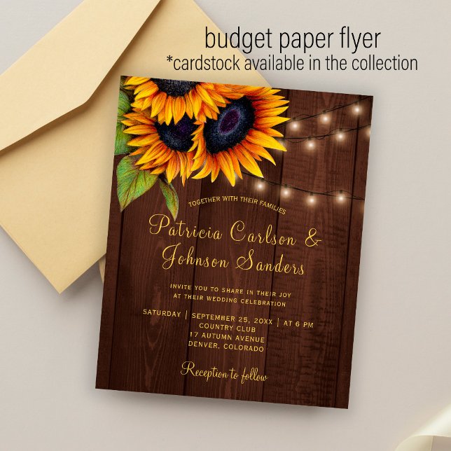 Flyer Rustic sunflower lights barn wood budget wedding (Criador carregado)