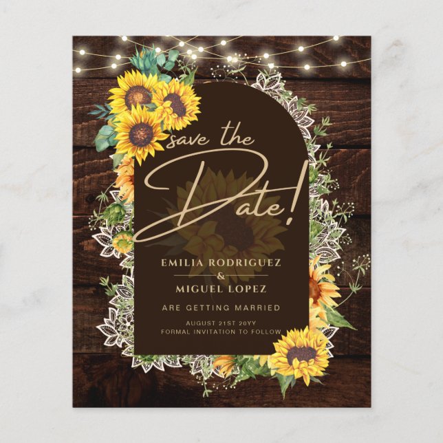 Flyer Rustic Sunflowers Lights Lace Arch Wedding (Frente)