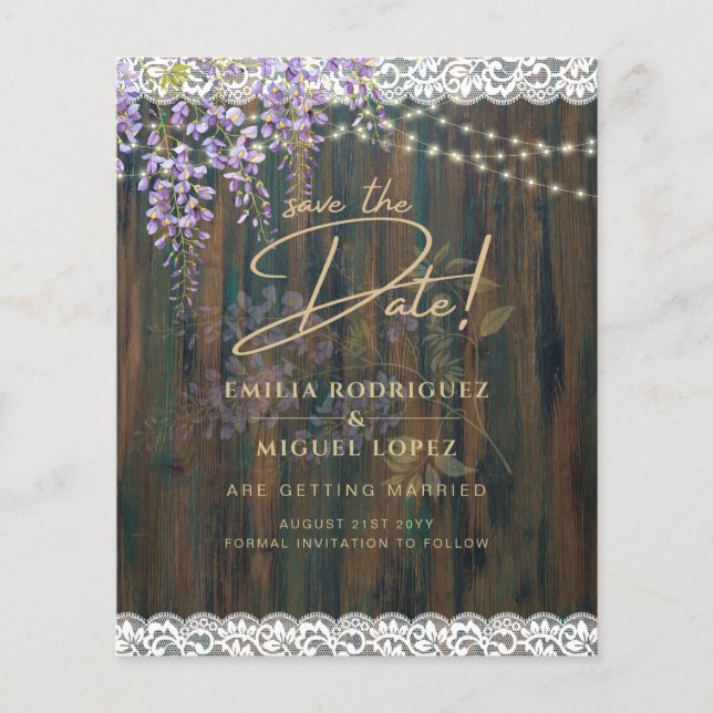Flyer Rustic Wisteria Wood Lights Casamento (Frente)