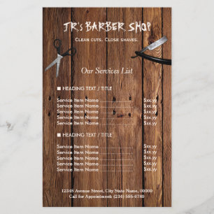 Flyer Rustic Wood Look Barber - Lista de Preços dos Serv