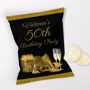Flyer Saco de Batata Chips de Aniversário Dourado Femini
