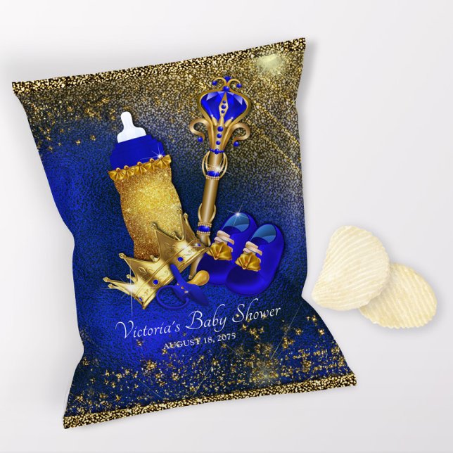 Flyer Saco de Batismo do Príncipe Azul Real Dourado (1 ounce snack bag wrapper flyer. )