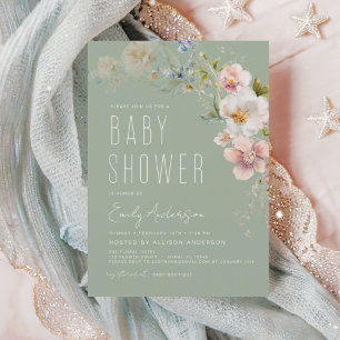 Flyer Sage Green Boho Wildflower Chá de fraldas Convite