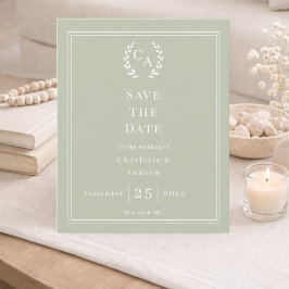 Flyer Sage green monogram budget wedding Save the Date