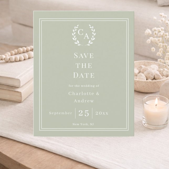 Flyer Sage green monogram budget wedding Save the Date  (Criador carregado)