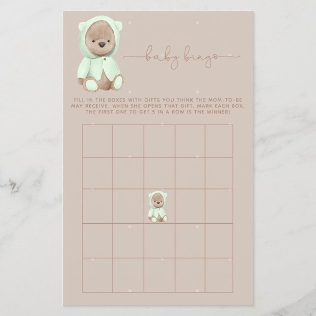 Flyer Sage Green Teddy Bear Chá de fraldas Bingo Game Fl (Frente)